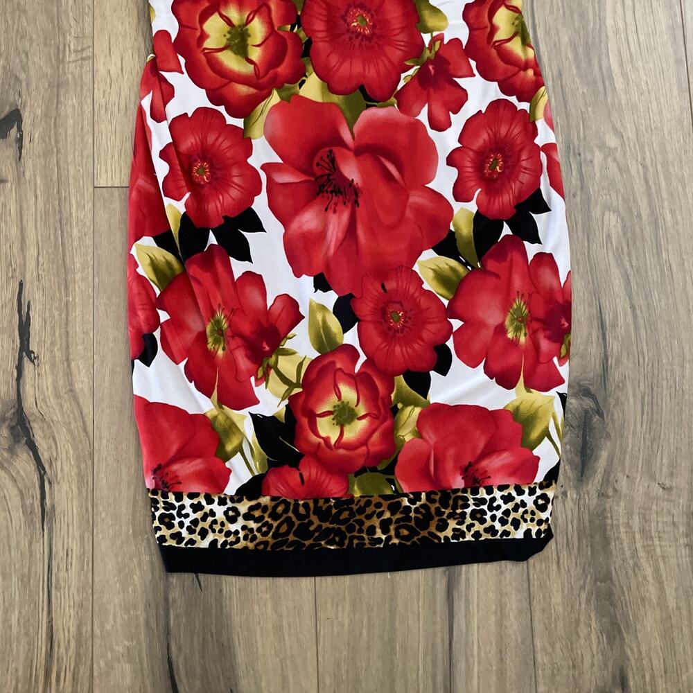 Cache Womens Sleeveless Red Floral Leopard Trim Sheath Dress Size 8 Slinky Knit - Picture 3 of 9